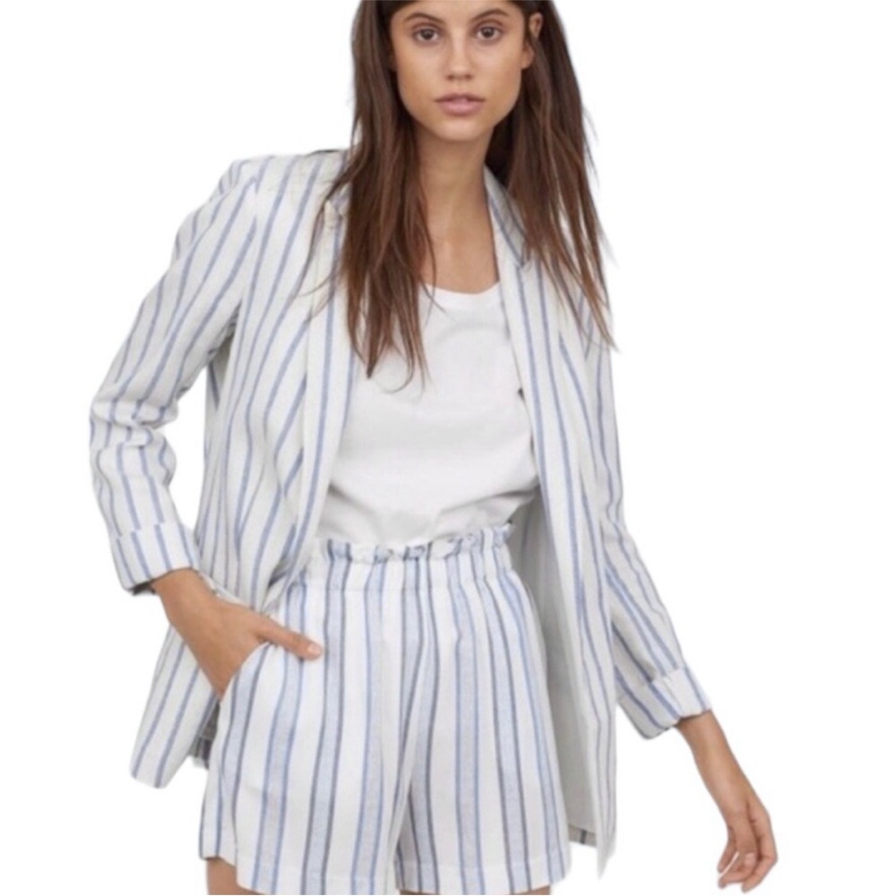 H&M Striped Linen Blend Blue Blazer Suit Jacket